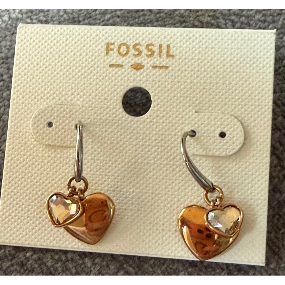 Fossil Gold Drop Dangle Heart Rhinestone Earrings Light Weight Brand New NWT